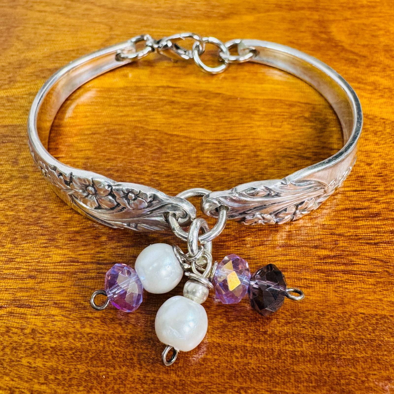 Vtg Silverware Double Handle Floral Bangle Silverplate Bracelet Purple & Pearls