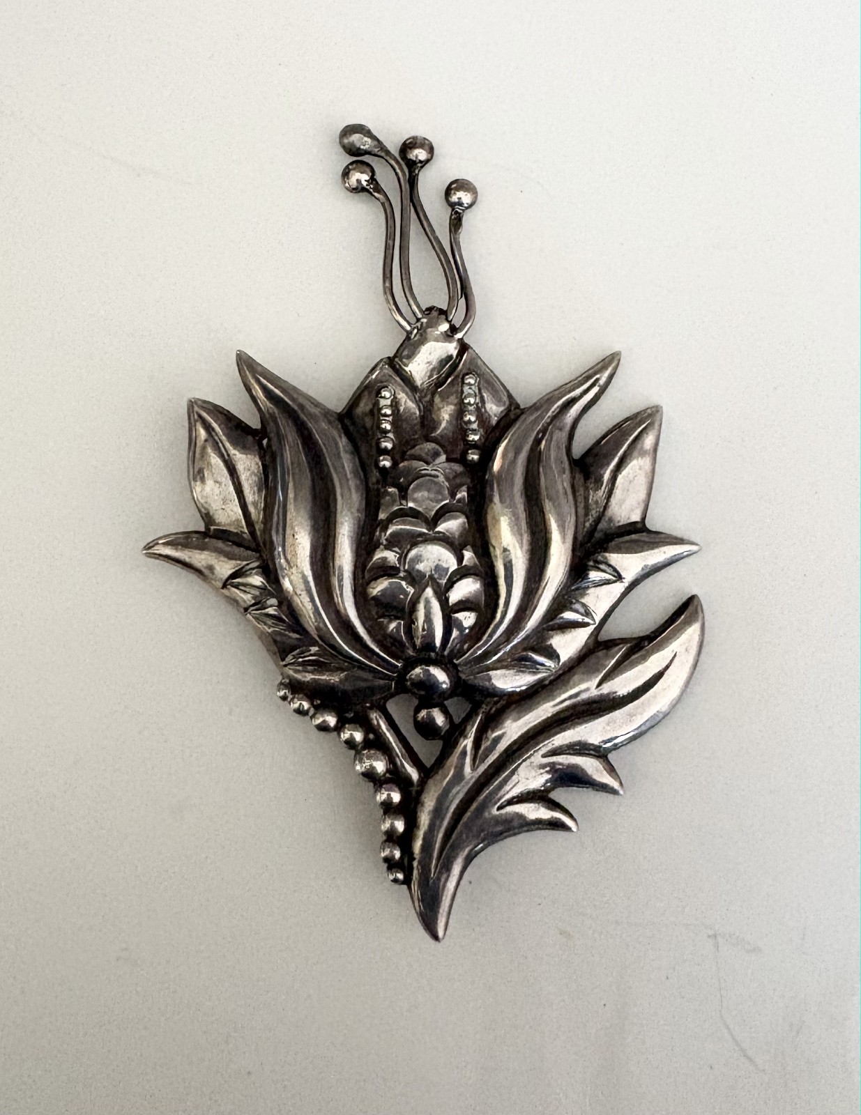 1940’s Signed Los Castillo Taxco Sterling Ornate Flower Blossom Pendant