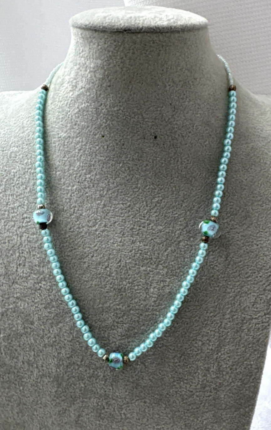 Vintage Light Blue Teal Gold Pearlescent Murano Art Glass Rose Beaded Necklace