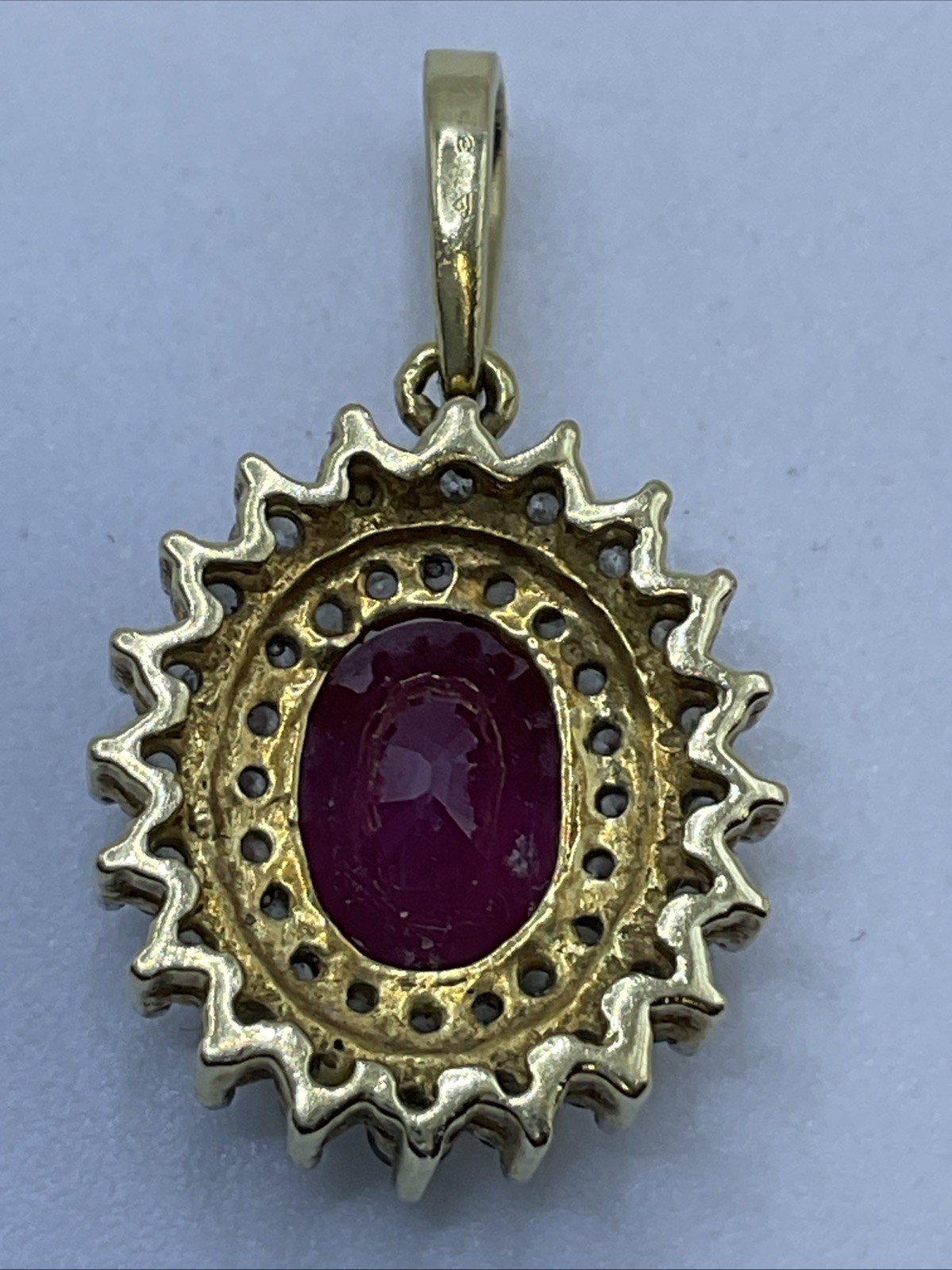 VINTAGE HANDMADE Solid 18K(750) Y.Gold Ruby & Diamonds DOUBLE HALO Style Pendant