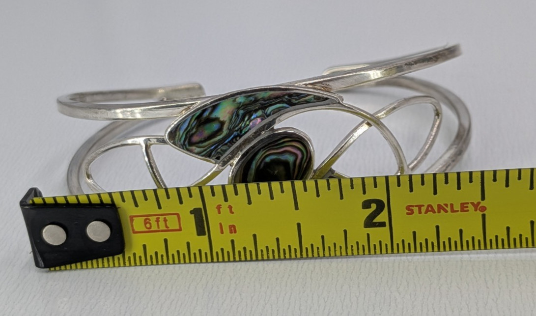 Vintage Abalone Shell Cuff Bracelet Silver Tone Openwork Swirl Small 6.5in Fit