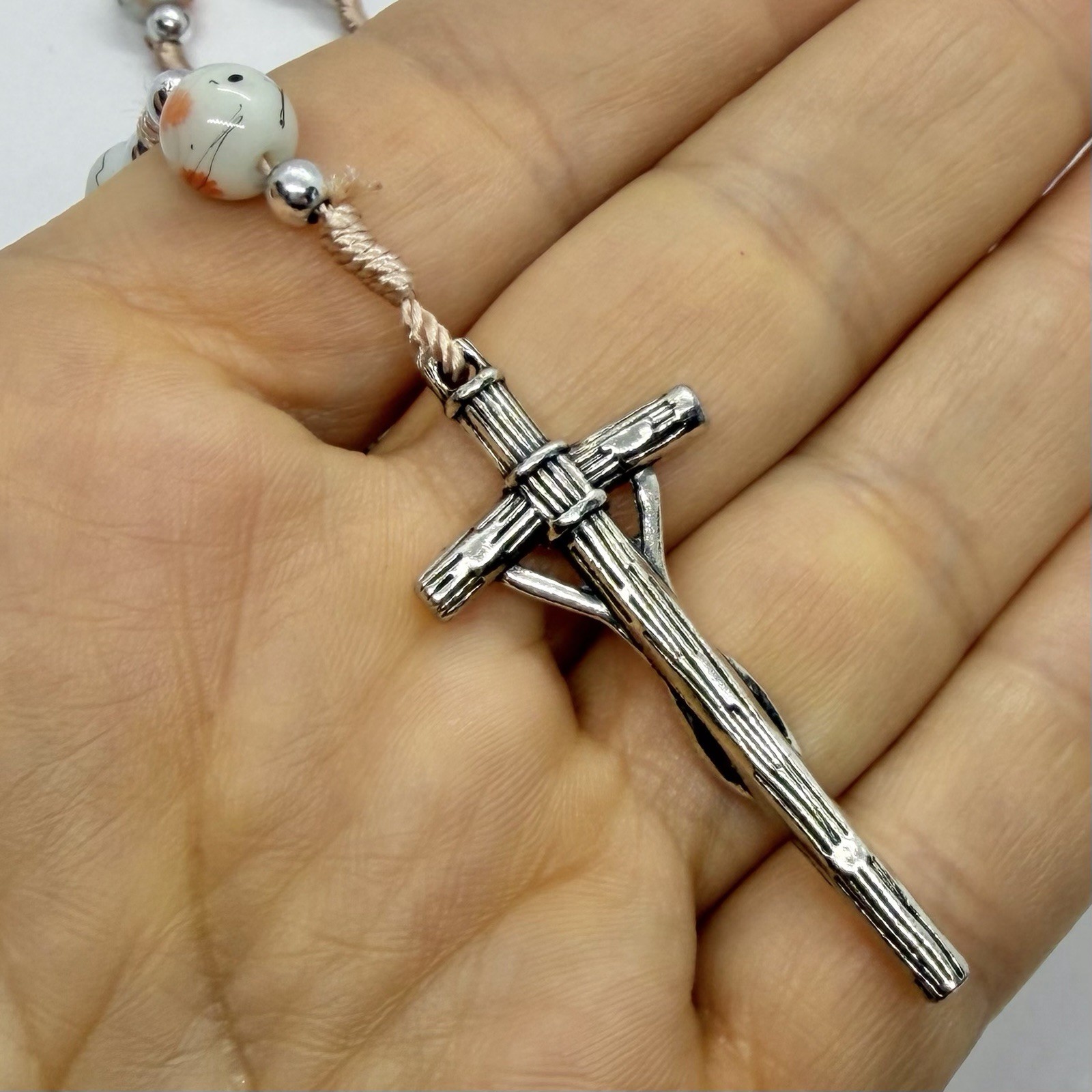 Vtg Catholic Religious Orange Rosary Glass Beads Necklace Silvertone Prayer