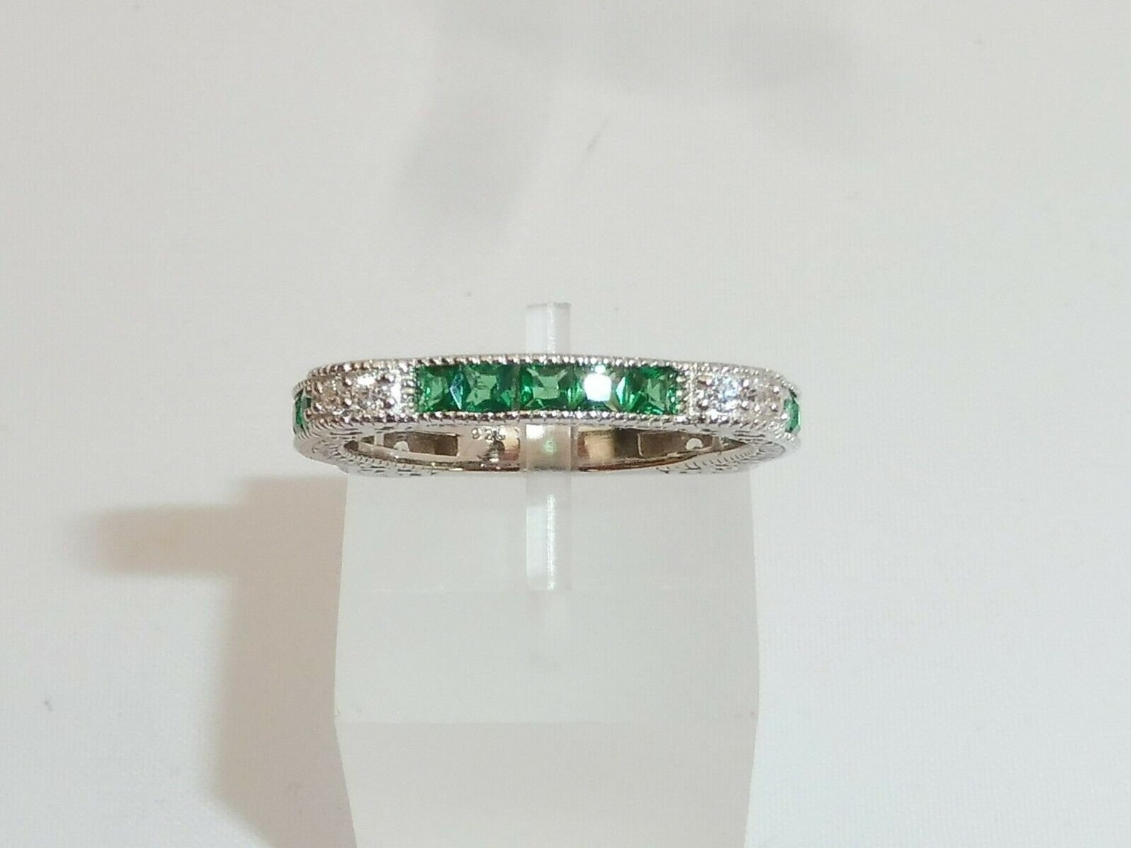 3/4 CTW Green Princess Cut CZ Art Deco Wedding Antique Eternity Silver Band Ring