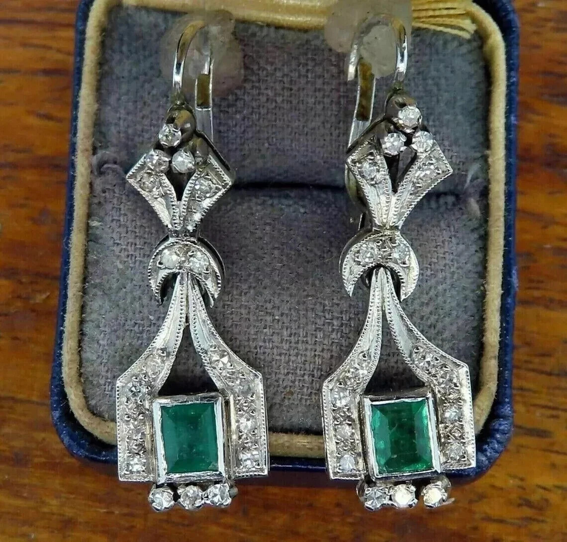 14K White Gold FN Earrings Art Deco Vintage Style Lab Created Emerald Engagement