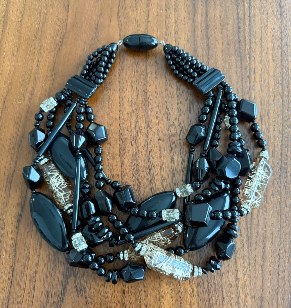 Angela Caputi Black & Clear Taupe Resin & Rhinestone Statement Necklace 21”
