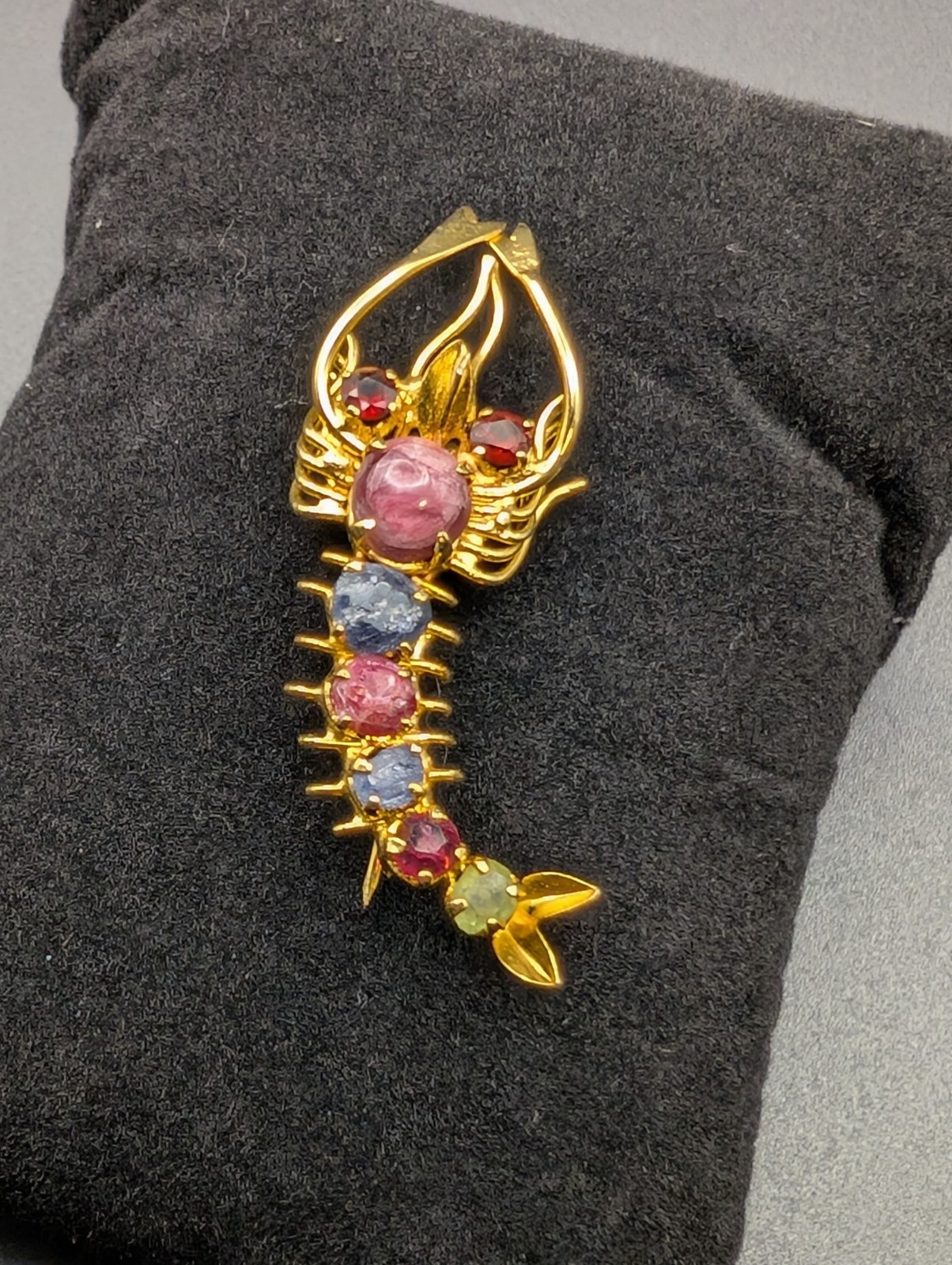10K Gold & Gemstone Shrimp Brooch. Garnet, Ruby, Sapphire, Peridot(raw&Polished)