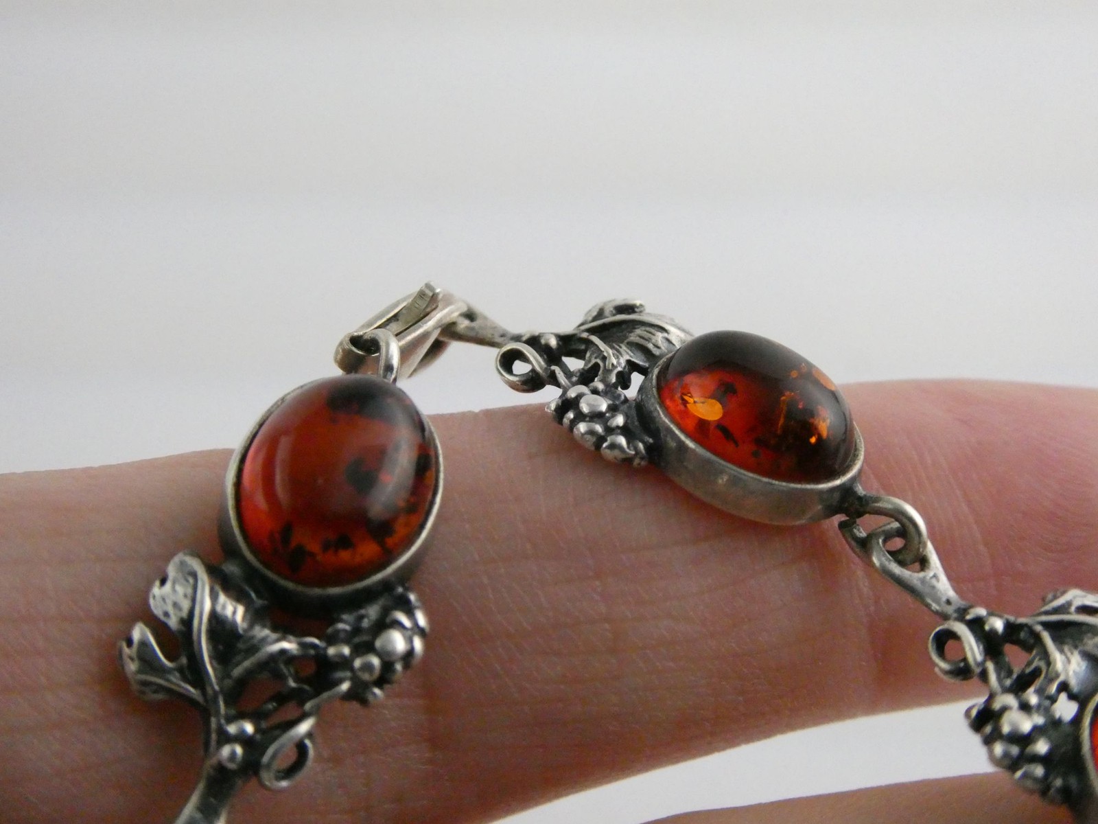 Vintage Sterling Silver Amber Cabochon Grape Vine Link Bracelet 925 7.25In 10.6g