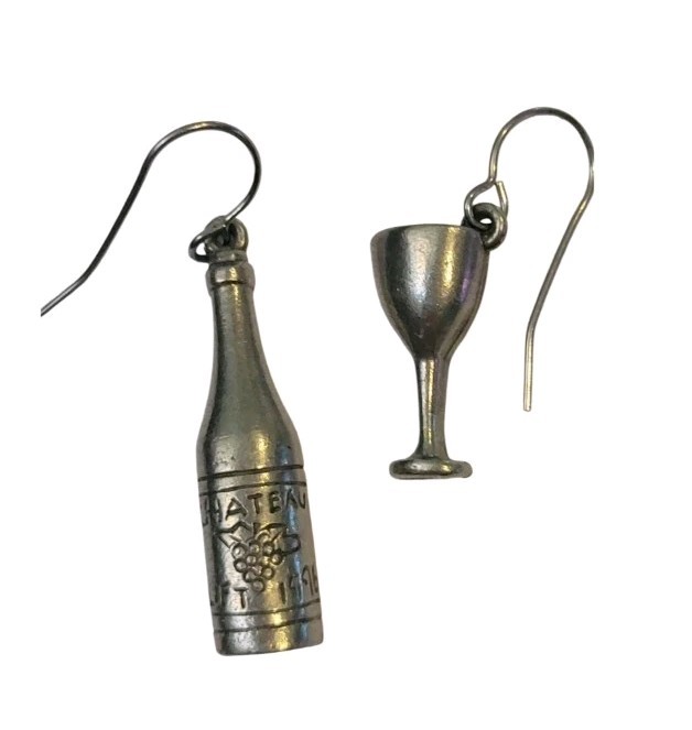 Jim Clift Pewter Wine Bottle Glass Goblet Charm Pierced Earrings Signed Vintage
