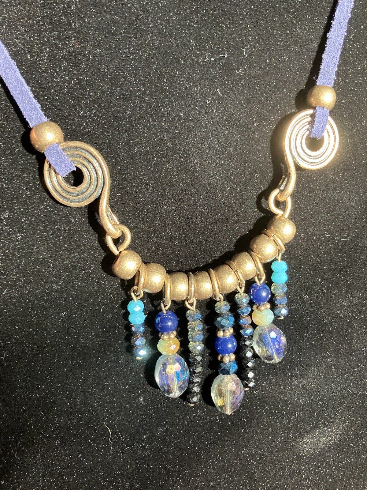 Bohemian Style Necklace Brass Toned Metal, Blue Leather, Drop Beads