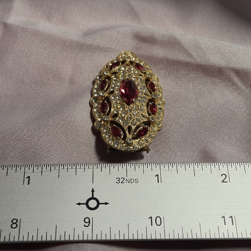2.5 Inch Fur Dress Clip Vintage 1950 Gold Tone with Red Marquise Clear Round gem