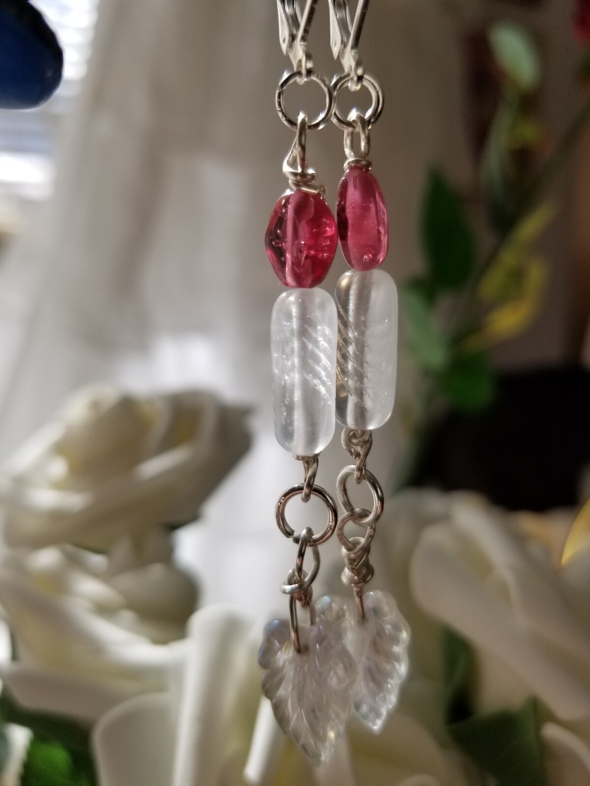Carved frosted quartz lozenge an leaf 80 yrs. beads Japan fushia drop earrings