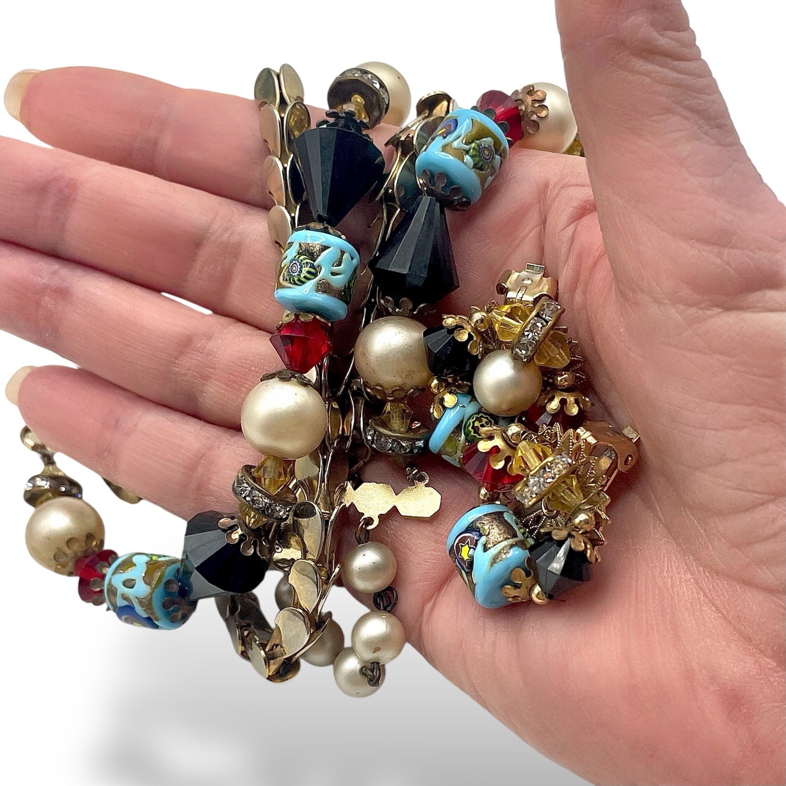 Vintage Demi Parure MILLEFIORI GLASS Beads Chain Necklace Earrings Italy READ