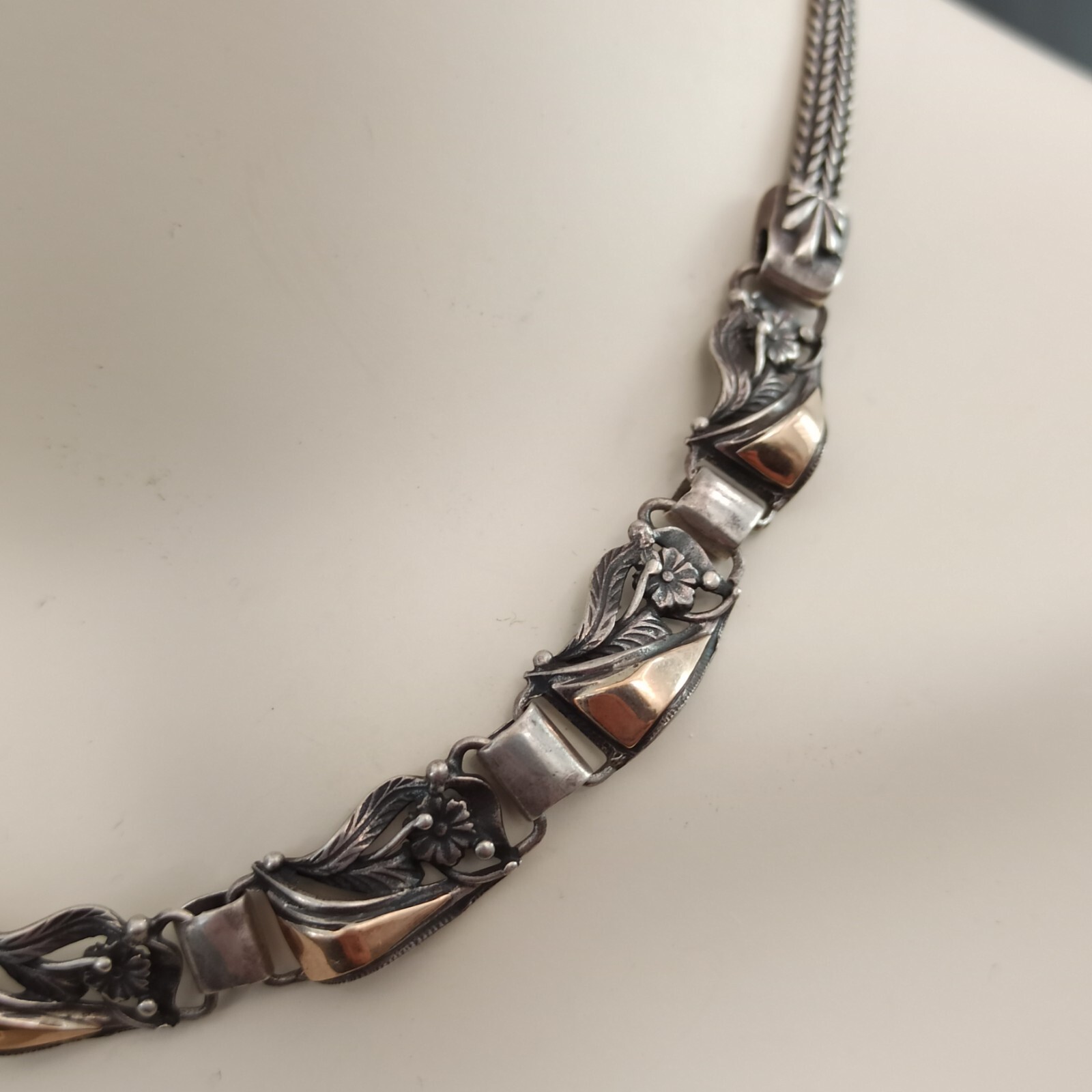 Vintage Silver Gold Necklace Bicolor Articulated Art Deco Revival Links 90s 925