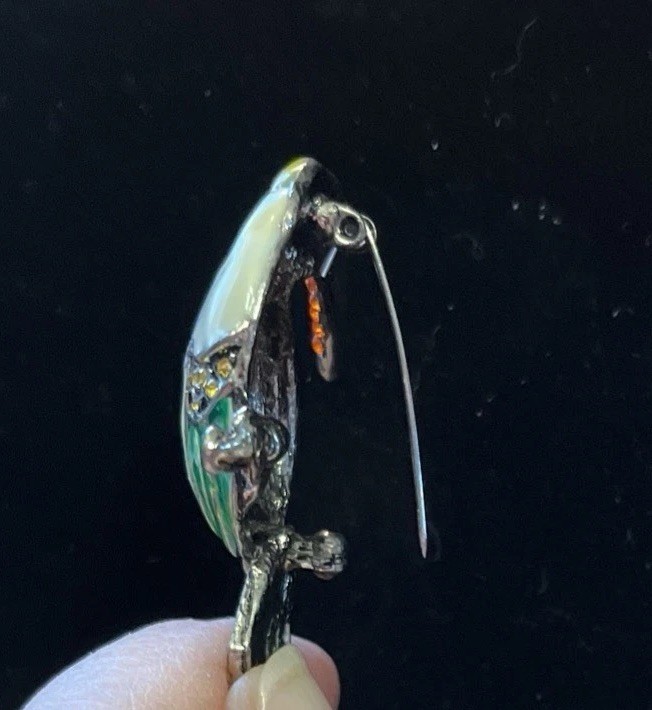 VTG Enamel Rhinestone Lucite Silver Metal Alloy Wire Rhinestone Bird Brooch 1950