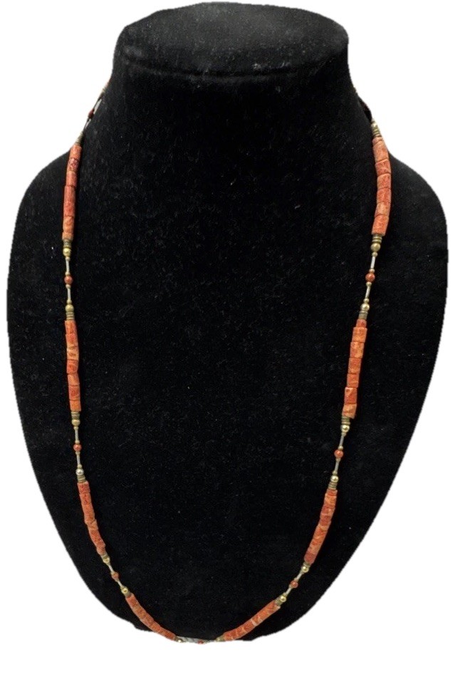 Vintage Natural Red Coral Red / Orange Hue Barrel Shape Gold Spacers 30”Necklace