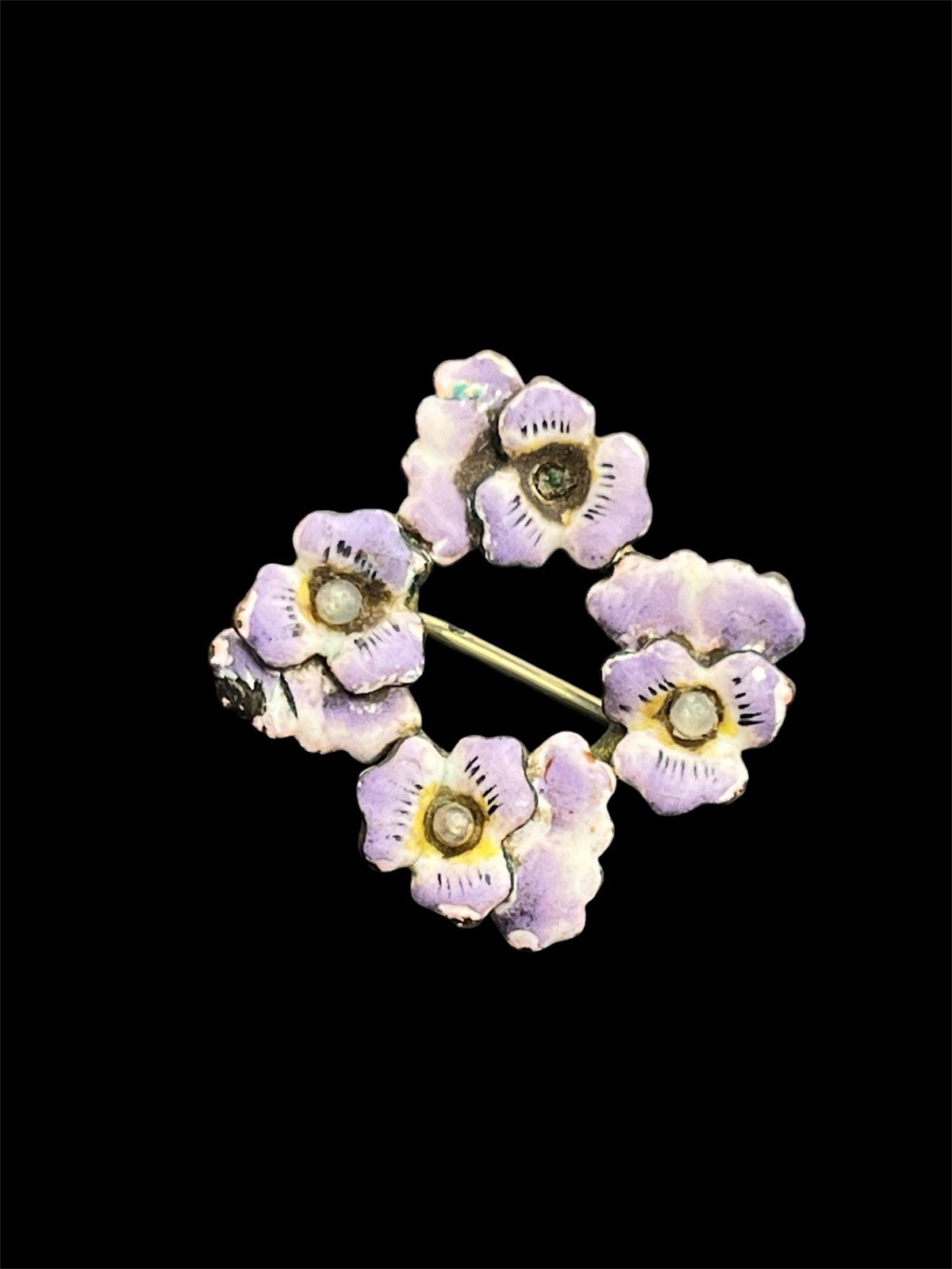 Art Nouveau purple enamel pansy flower gold tone vintage brooch pin faux pearl