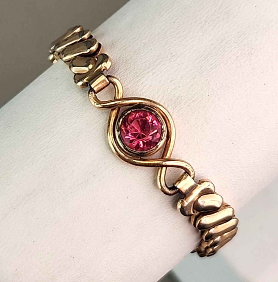Vintage Sweetheart Expandable Bracelet 12K Gold Filled Pink Rhinestone