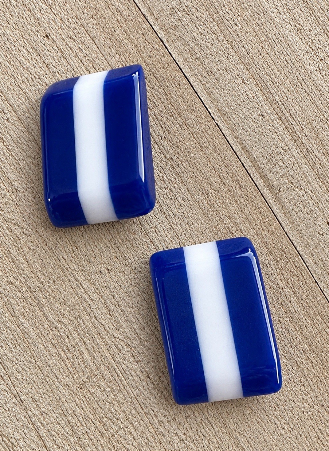Vintage Blue Lucite White Stripped Rectangle Drop Earrings Clip On 1 1/4”