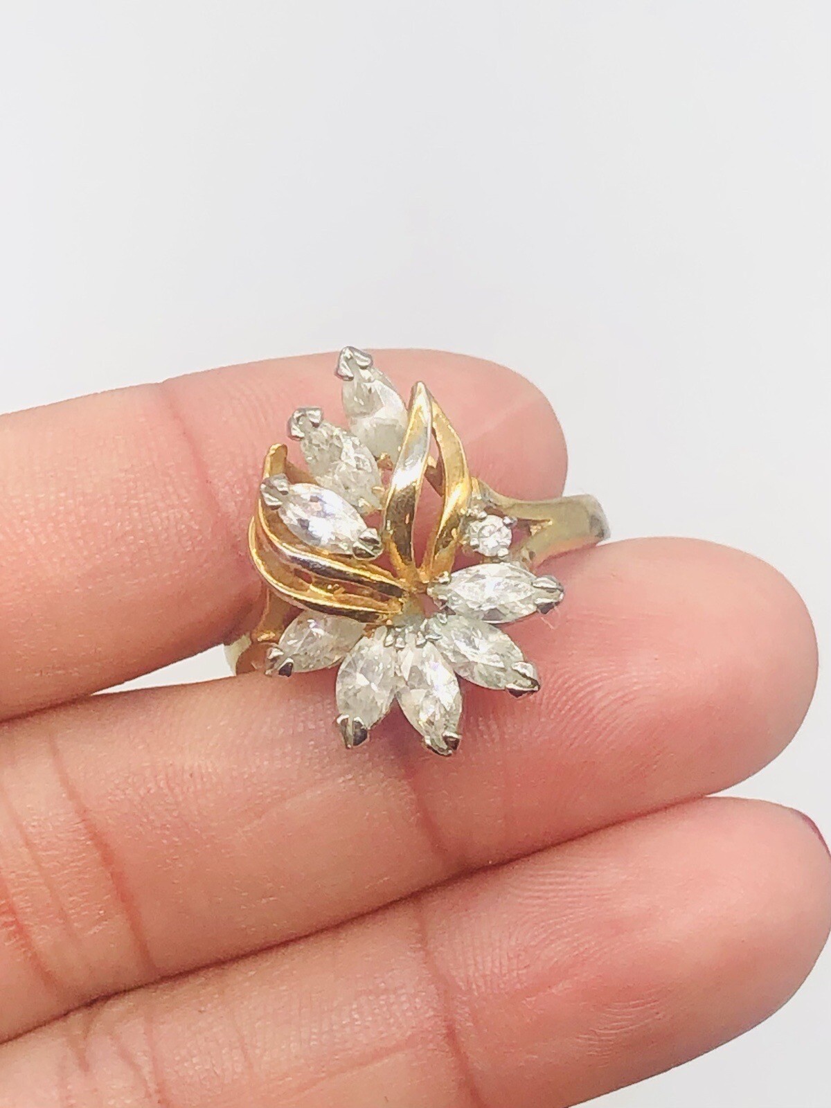 Vtg 14K GE Clear Glass Rhinestone Cocktail Ring Sz 8.75