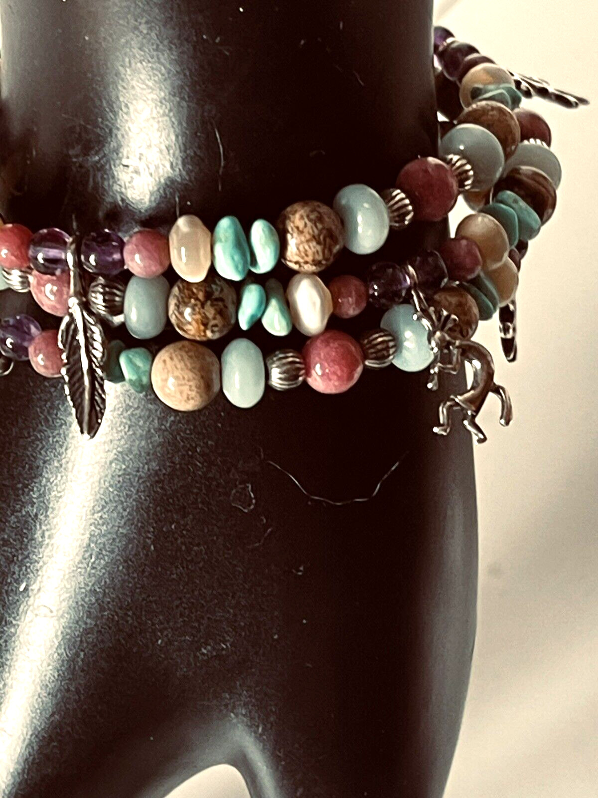 Vtg South Western Genuine Stone Bead Bracelet 6 Sterling Silver Indian Charms
