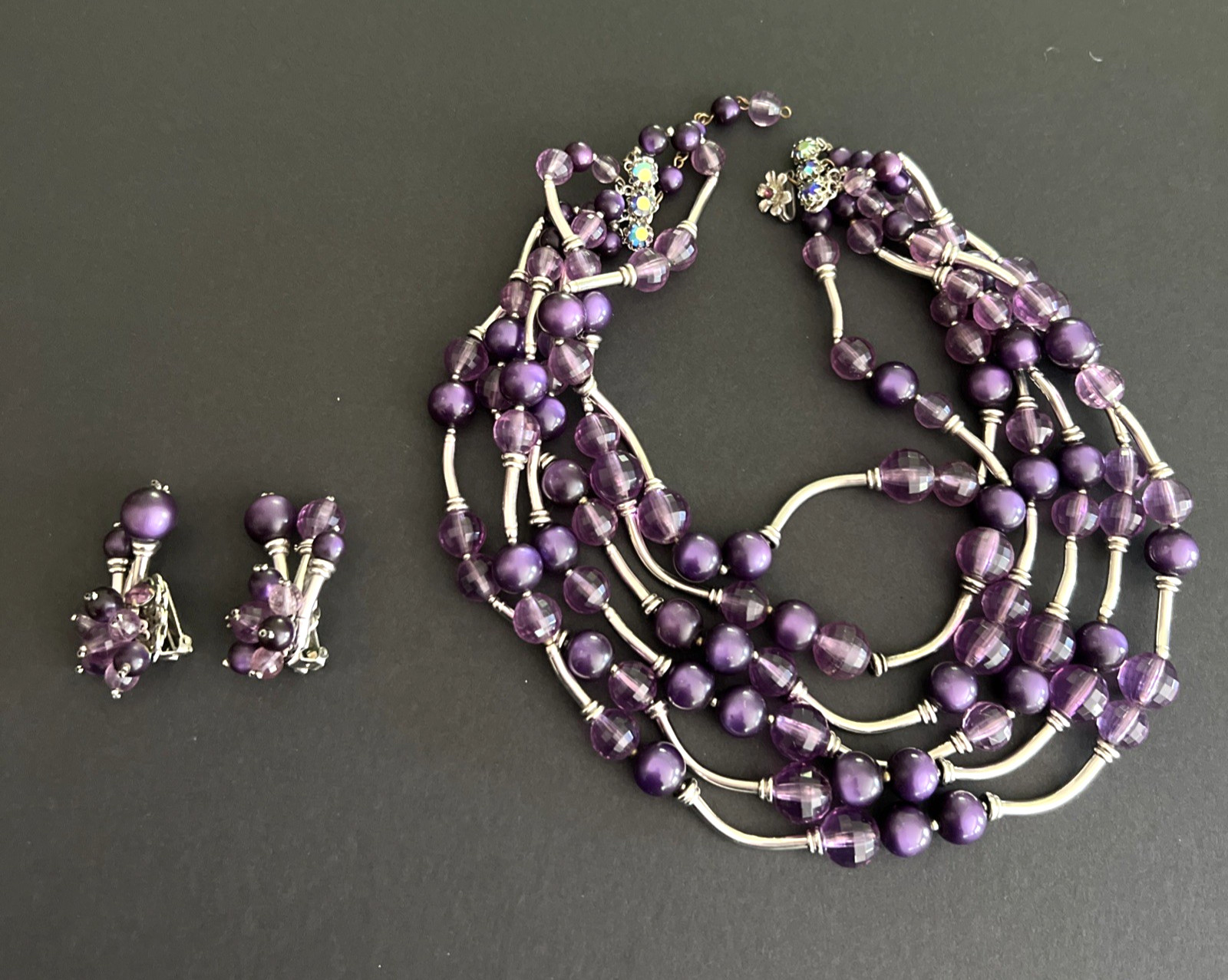 Vintage SIGNED DEMARIO AMETHYST & SILVER BEAD NECKLACE & EARRING SET / 6 STRAND