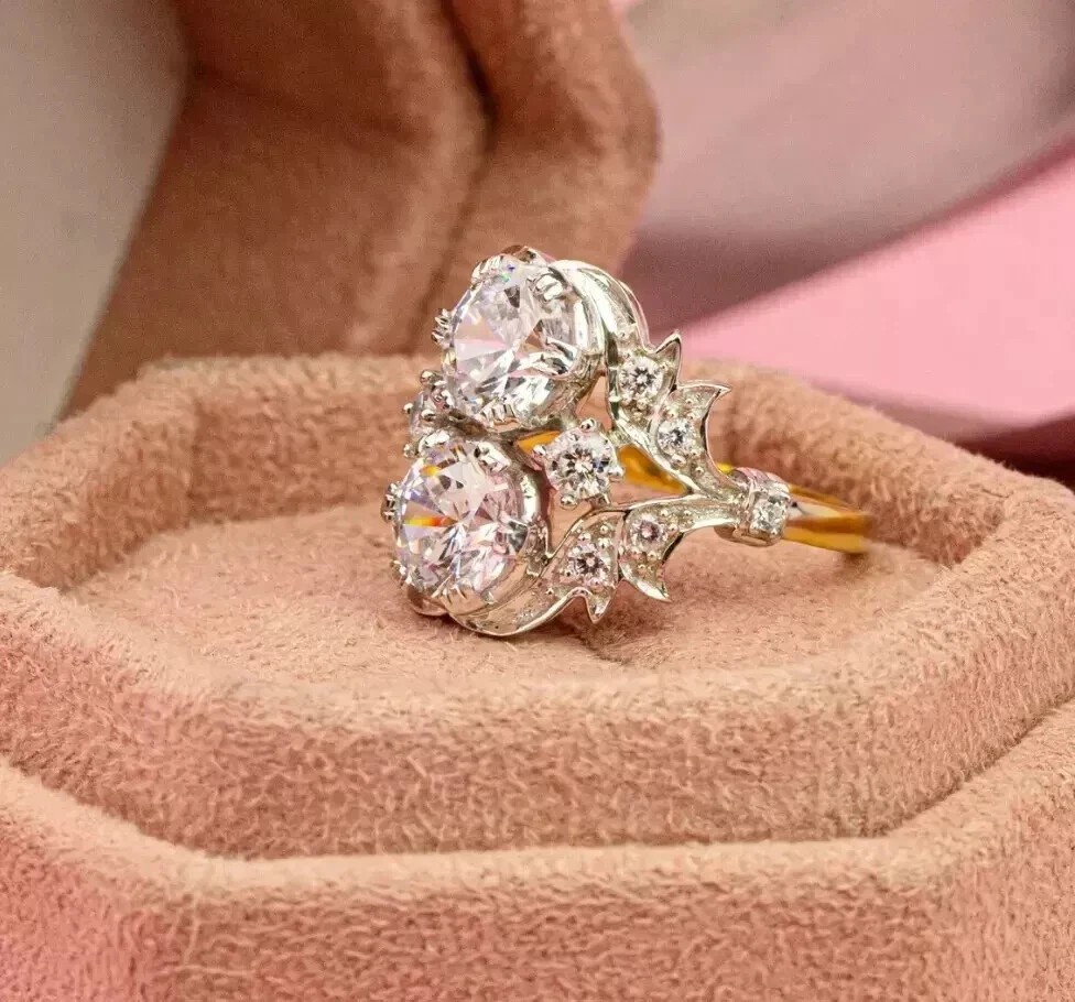 Vintage Art Deco Style Round Cut Lab Created Diamond Engagement 14K Gold FN Ring