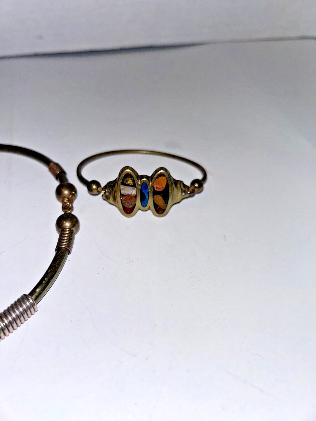 Vintage UNIQUE BRASS STONE INLAY ARTISAN NECKLACE CHOCKER & BRACELET HEAVY