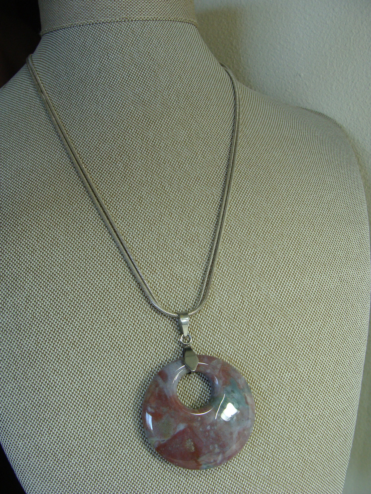 AC Double Strand Silver Tone Chain Round Disk Quartz Stone Boho Pendant Necklace