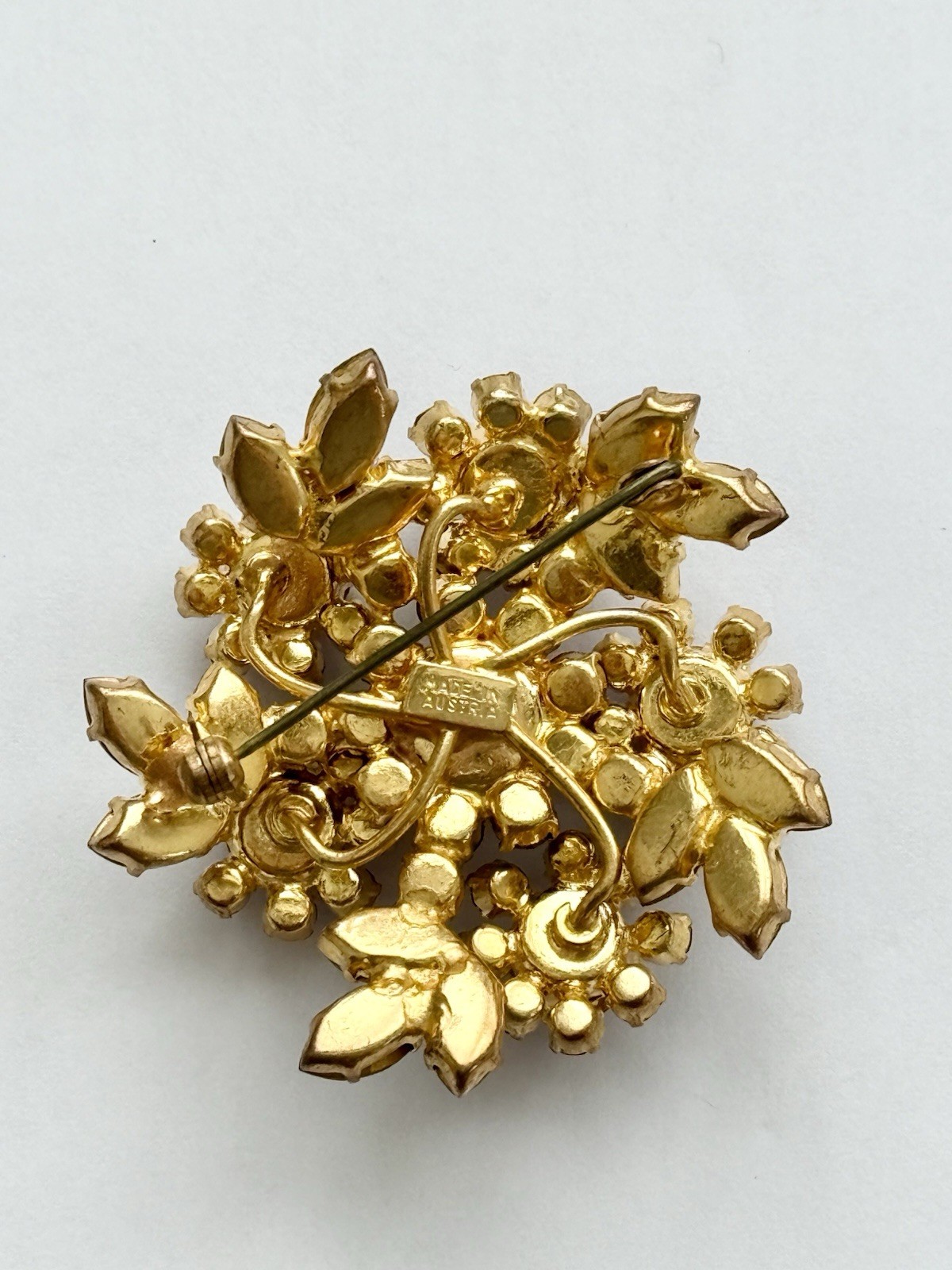 Vintage Signed Austria Gold Tone Flower Purple & Rhinestones Stardust Brooch