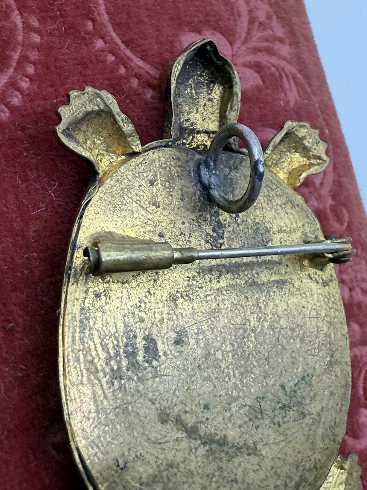 Antique Brass Turtle Brooch Pendant 1900s Green Glass Stone Trombone Clasp J80