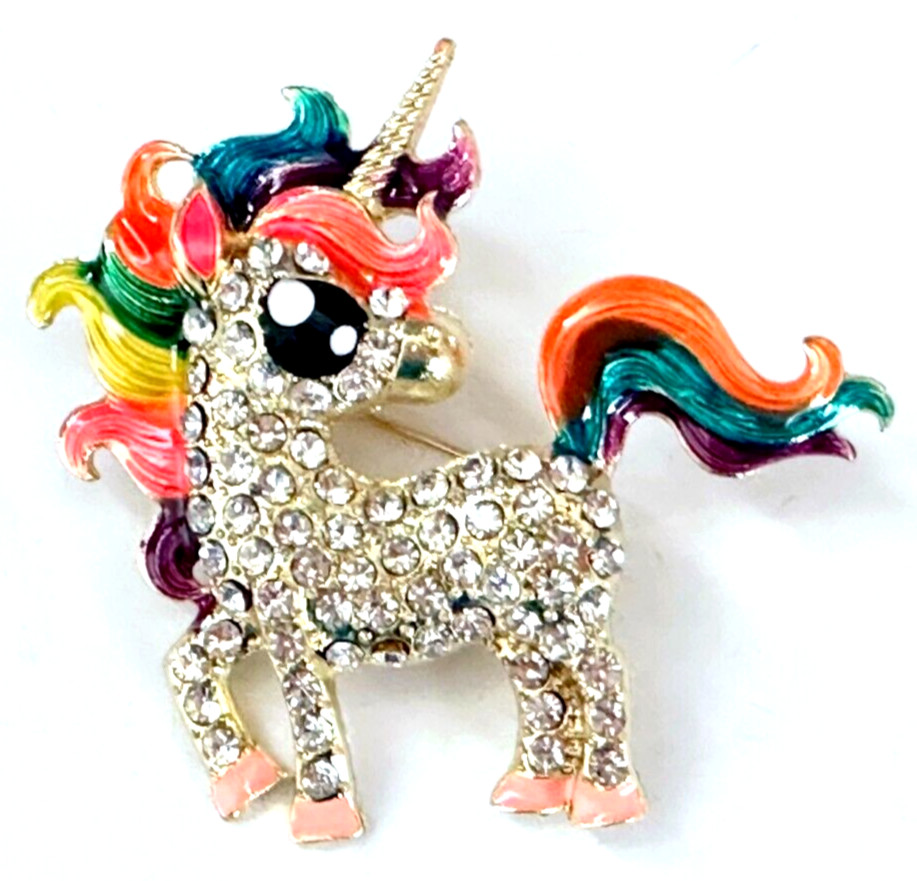 Gold Tone Unicorn With Rhinestones & Rainbow Colors Enamel Brooch