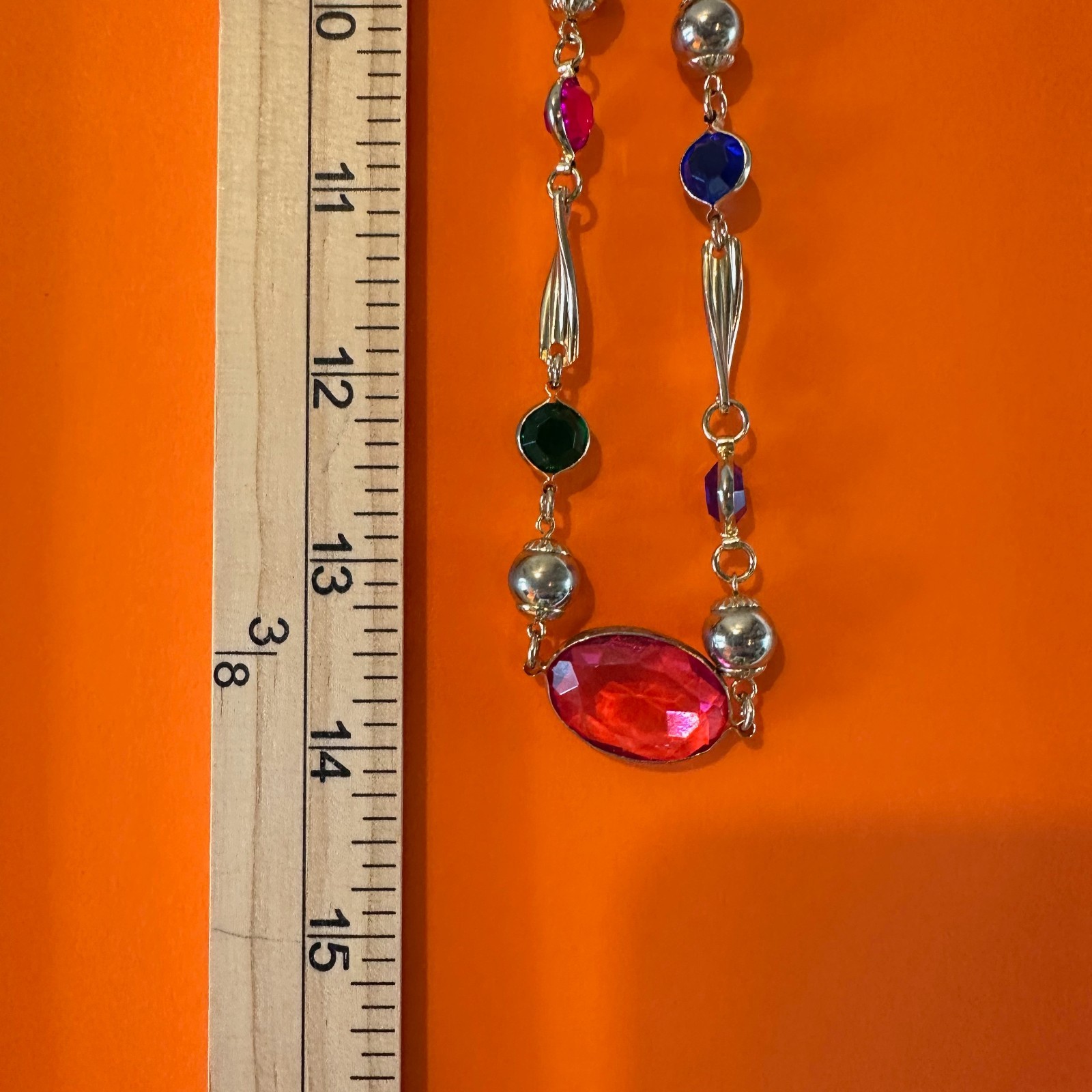 Vintage Open Bezel Lucite Necklace Gold Tone Multicolor Oval Round Faceted