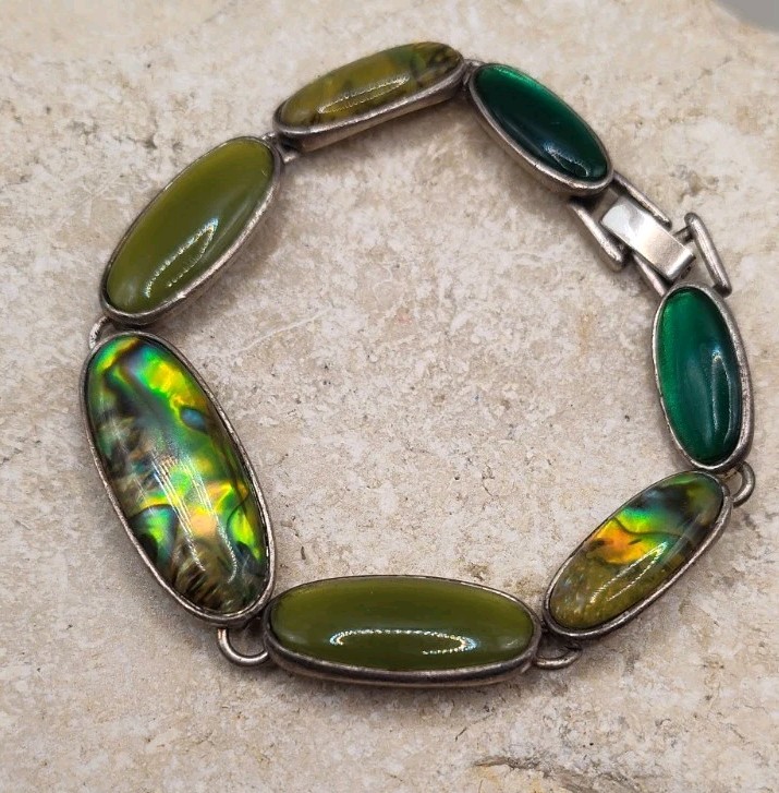 Vintage Silver Plated Abalone Shell Stone Bracelet 7″