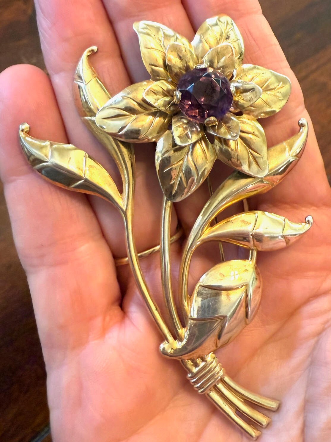 Vintage Sterling Silver Gold Tone Flower w/purple center jewel, 4”x3.5”
