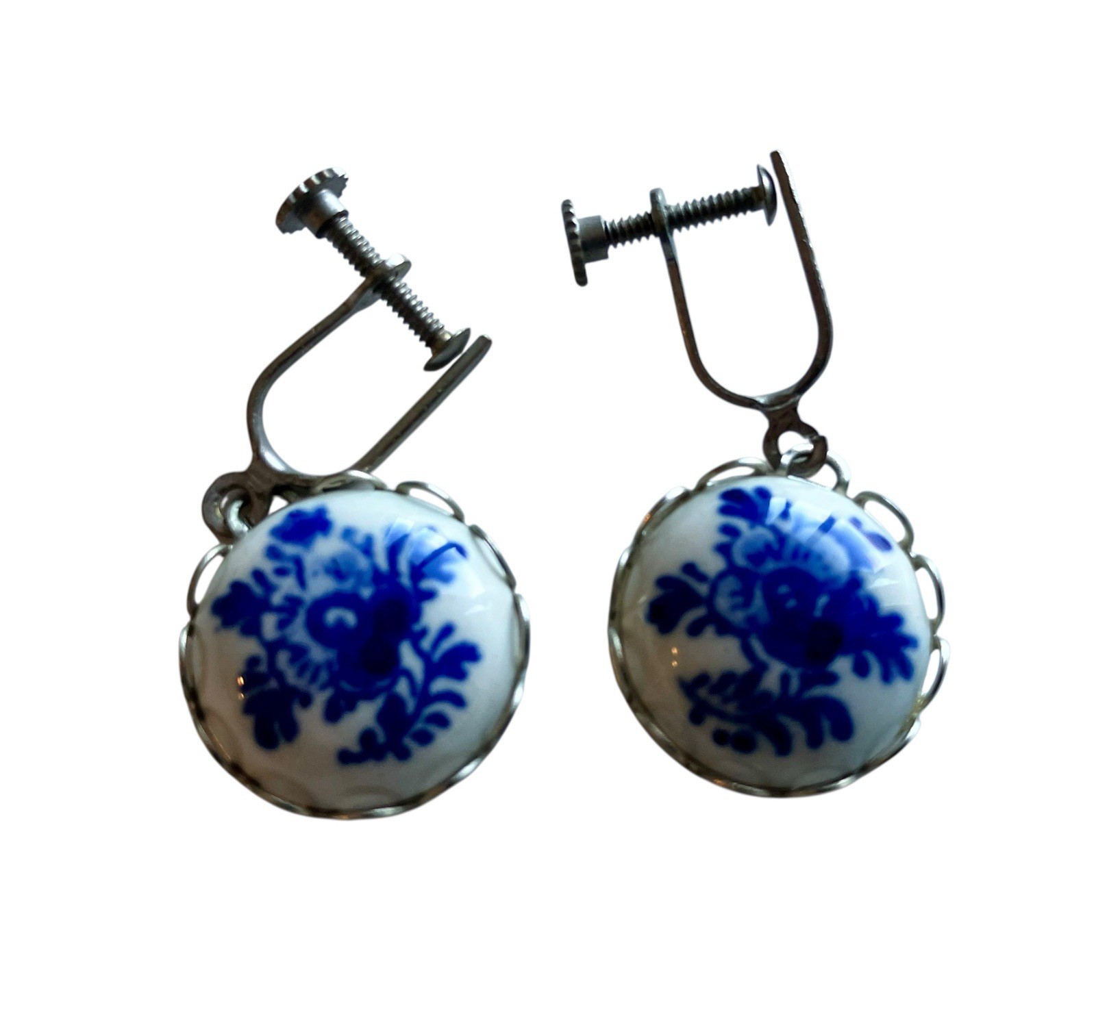 Vtg Delft Blue Style Drop Earrings Screw In Blue White Delicate Elegant Classic