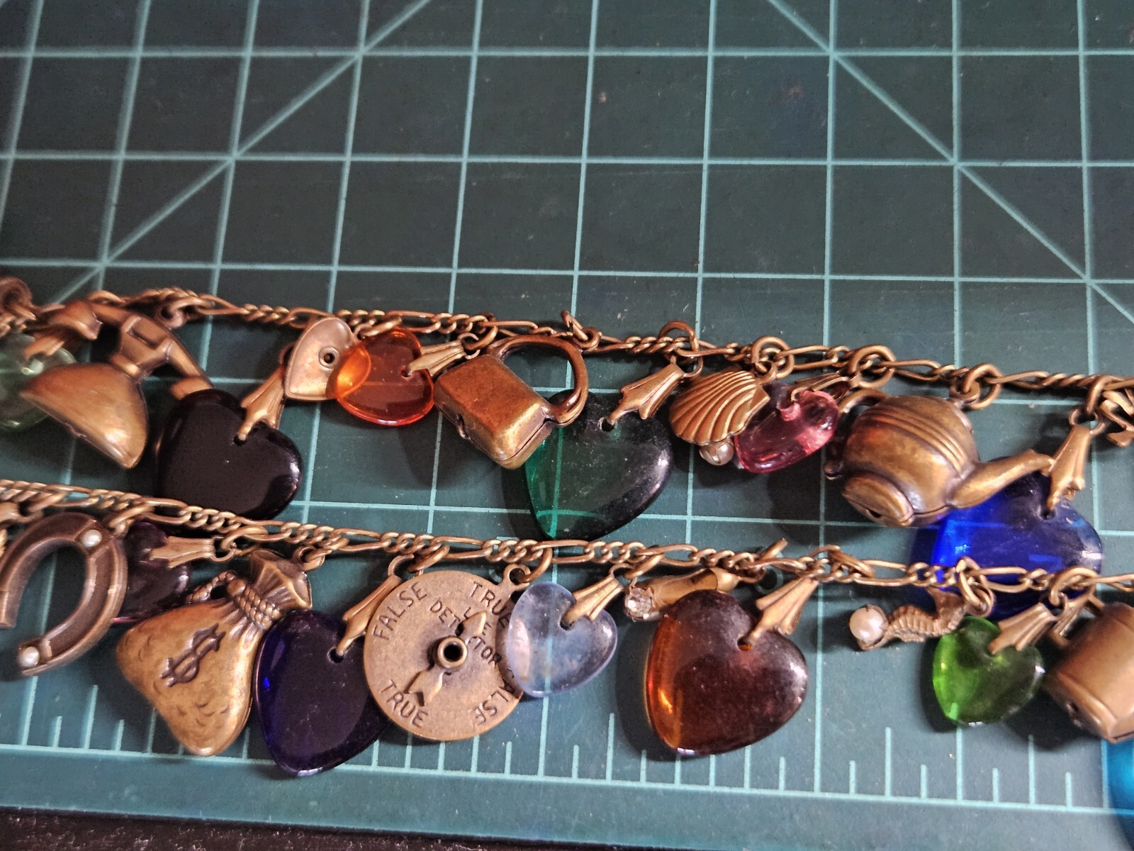 Glass Works Studio Brass Tone Multicolor Glass Dangle Hearts Charm Necklace
