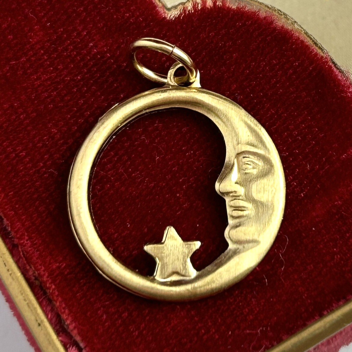 Vintage Charm Pendant Man In Crescent Moon Star Brass Metal Smaller Size