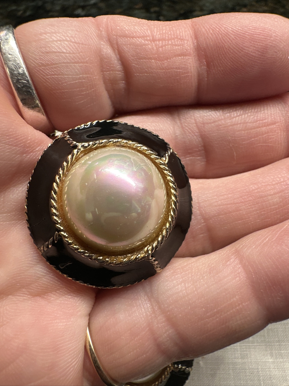 Vintage Gay Boyer Gold Black Enameled Pearl Clip-on Earrings