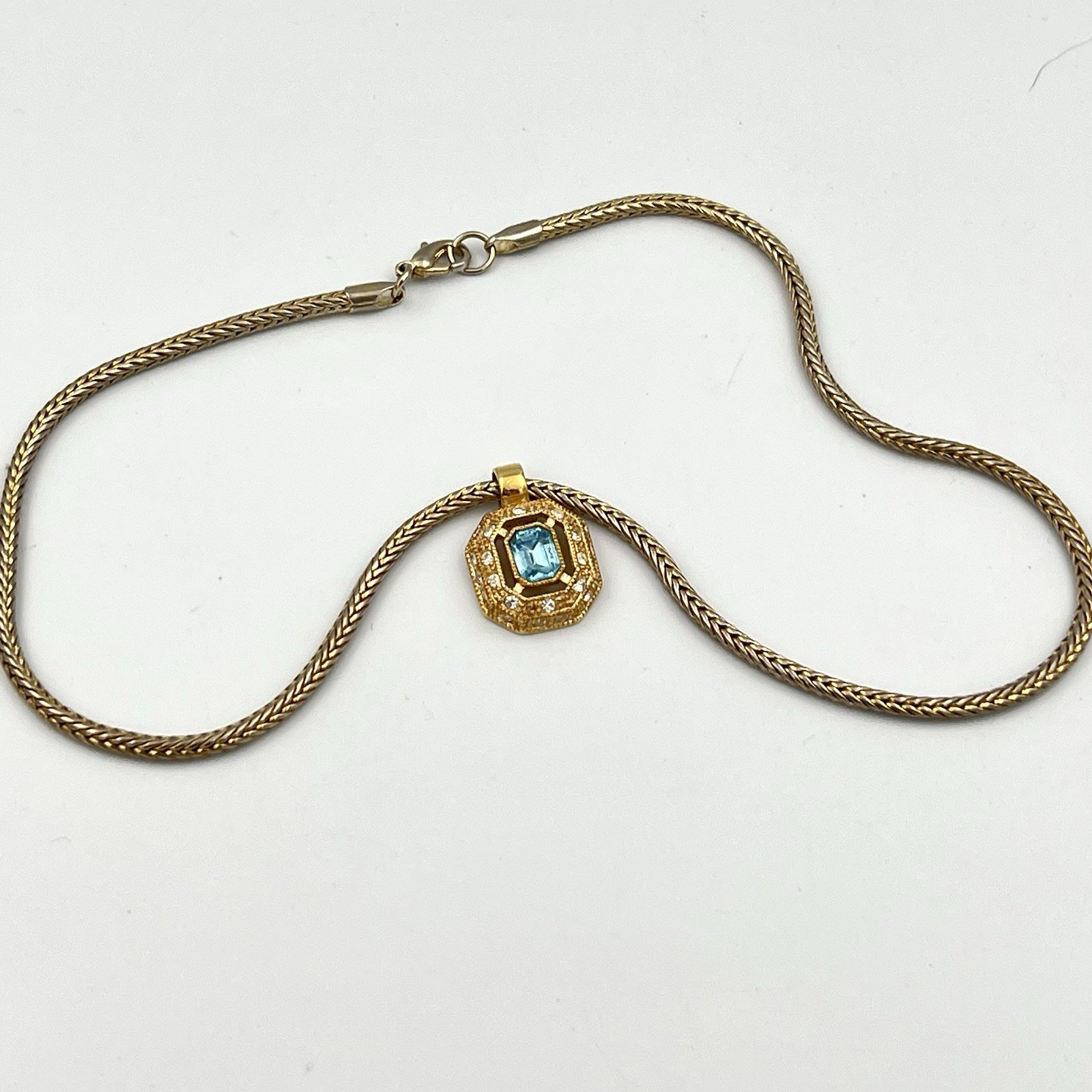 Vintage Roman Gold Tone Wheat Chain Necklace Signed Blue Glass Pendant