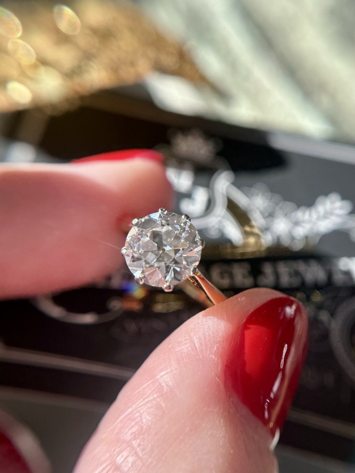 Vintage 18k Gold 2.35 carat Old European Cut Diamond Engagement Ring