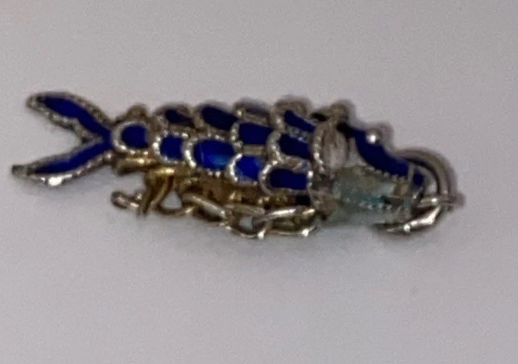 Vintage 2 3/4”Reticulated Fish Cobalt Blue/White Cloisonné Pendant