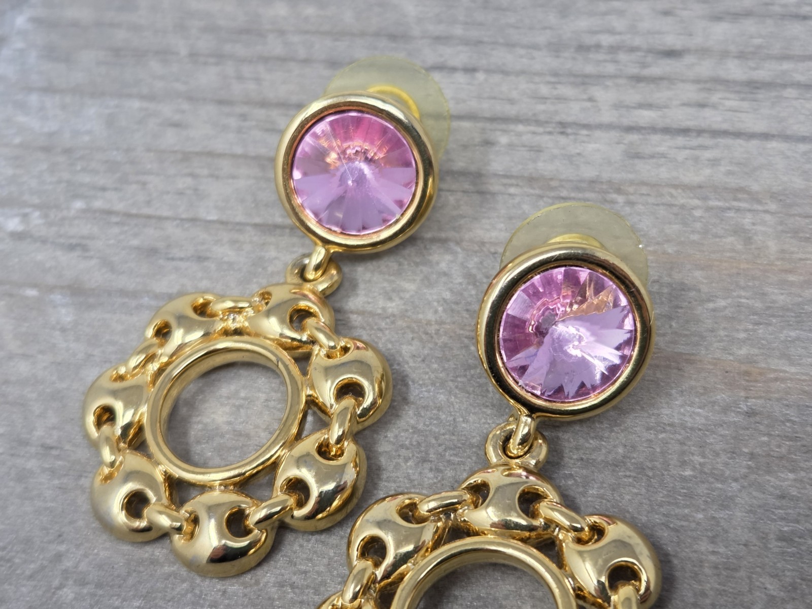 Gold Tone & Pink Acrylic Rhinestone Dangle Drop Hoop Earrings Vintage 1.7 Inches