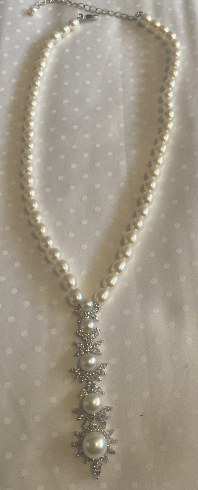 White Pearl Necklace With Cz Drop CGI CN STRAND Necklace 16″ 3 Extender
