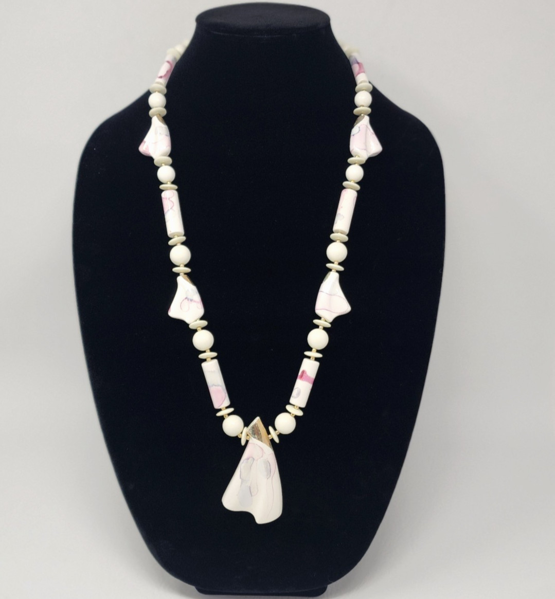 Vtg 80s Japan Hand Painted Pink Watercolor Ceramic Necklace Chunky Statement 30″