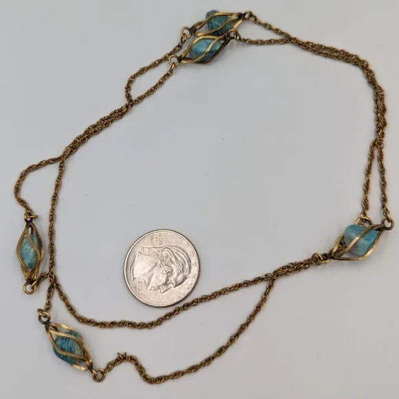 Vintage 12K Gold Filled Caged Polished Nuggets Blue Beryl Stations Necklace