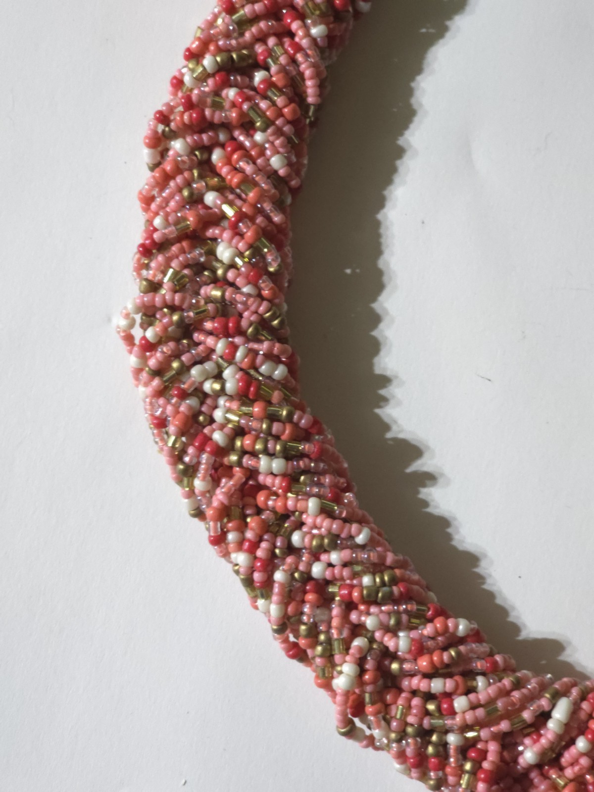 Vintage Bayadere pink white brown braided beads gold tone 21″