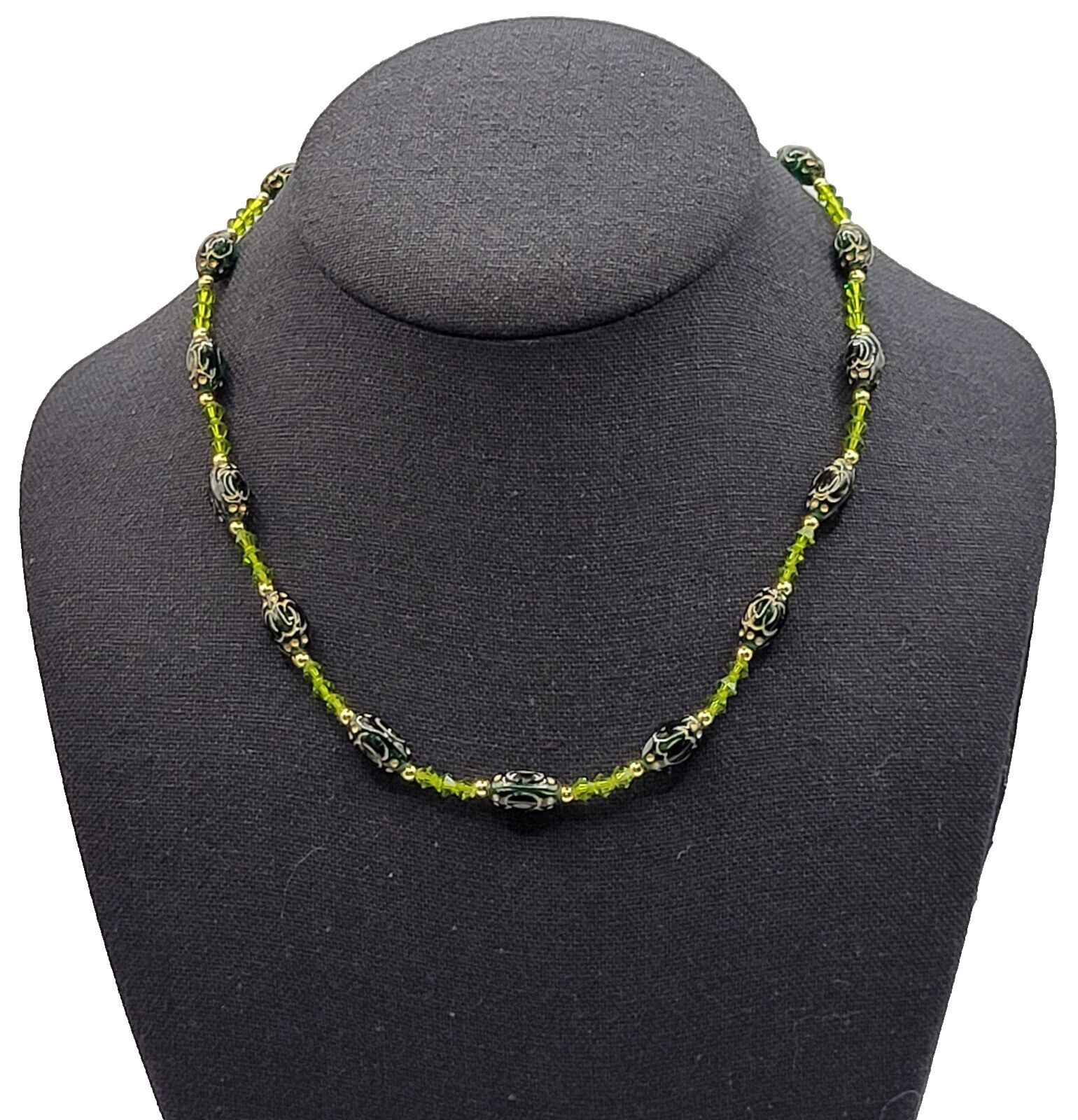 Green Art Glass Crystal Vintage Necklace Light & Dark Green Shades Gilded Beads