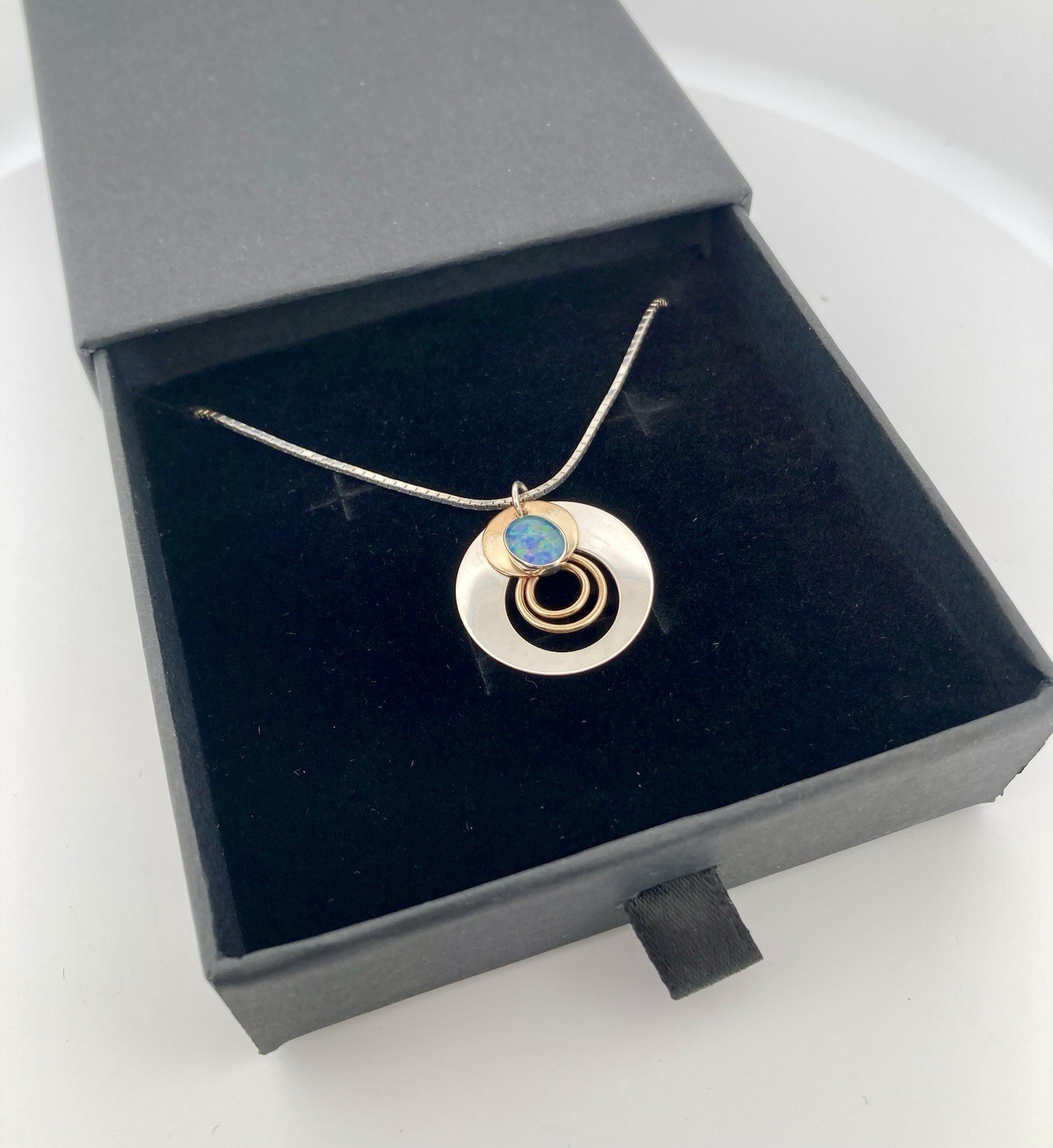 Vtg Modernist Silver Gold & Blue Opal Disc + Sterling Necklace – Diagonal Italy