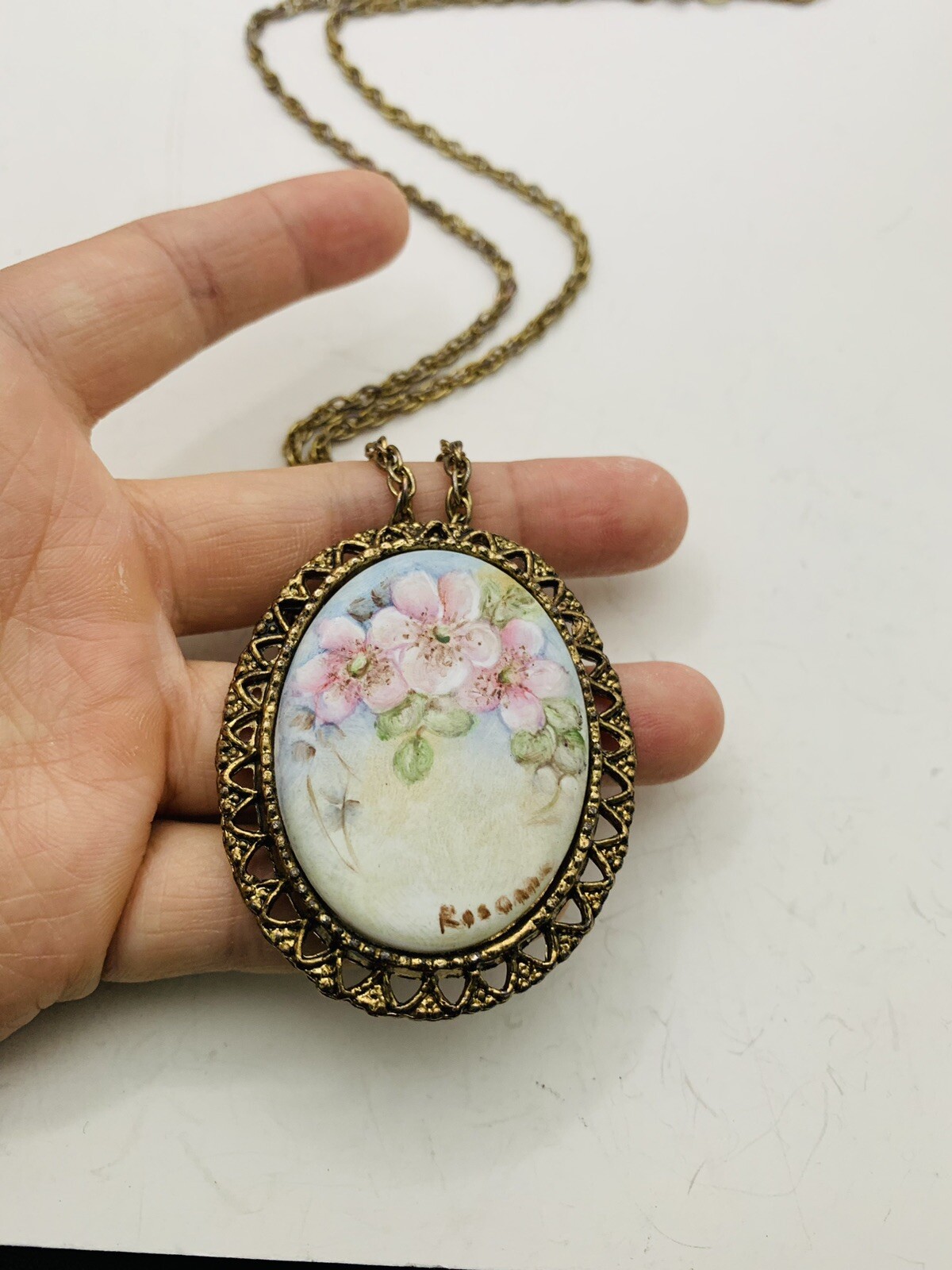 Vintage Cottagecore Hand Painted Pink Flower Nature Scene Artist Signed Necklace