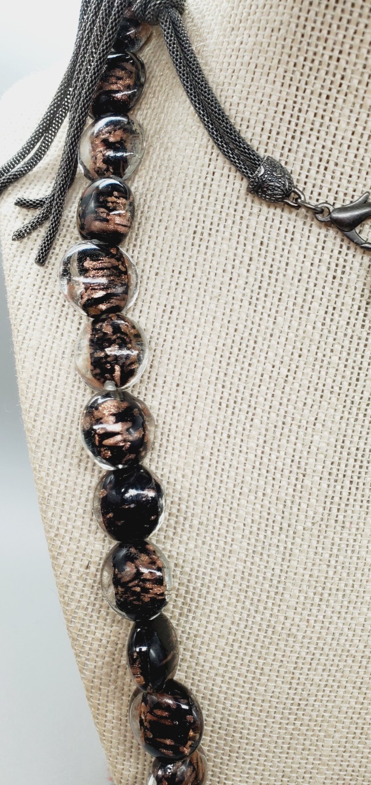 Coldwater Creek Black and Copper accented Glass, Gun Metal Necklace 36″ woo1
